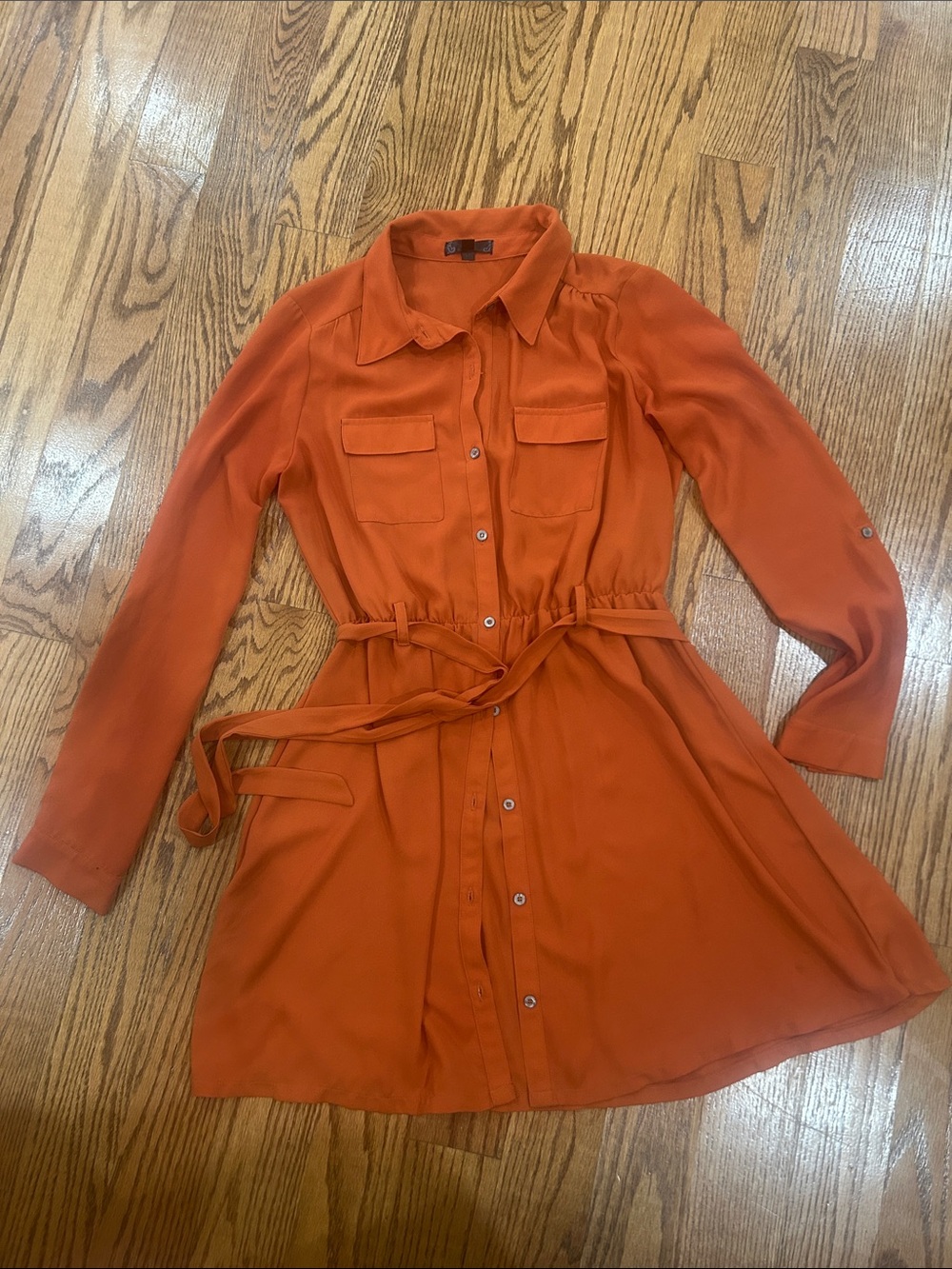 mandee Orange Long-Sleeve Button Shirt Dress with Tie Waist
